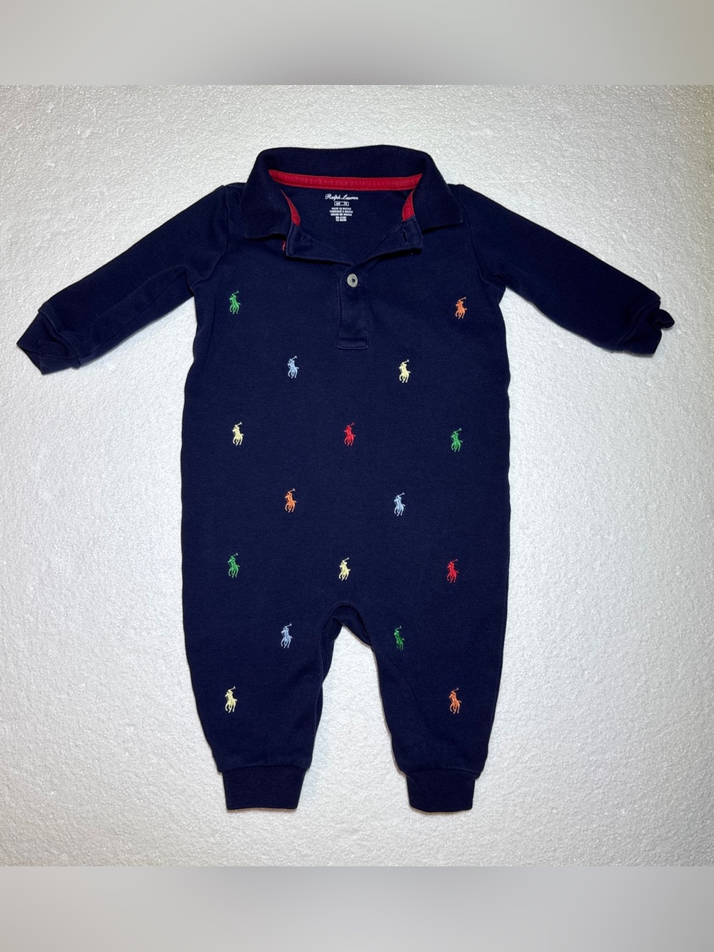 Ralph Lauren Baby Boy Navy Polo One-Piece with Multicolor Pony Logos